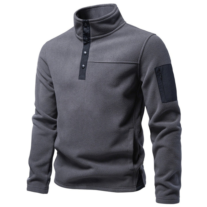 Men's fleece pullover with stand-up collar, snap button placket, and arm pocket Mune Fashion