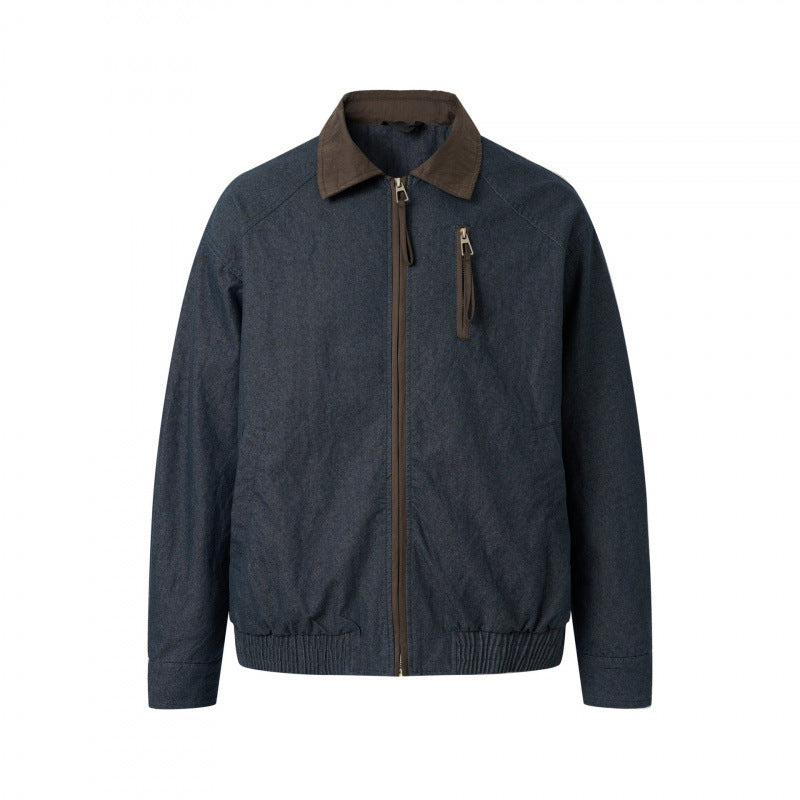 Men's short canvas jacket with corduroy collar, chest zipper, and elastic hem Mune Fashion