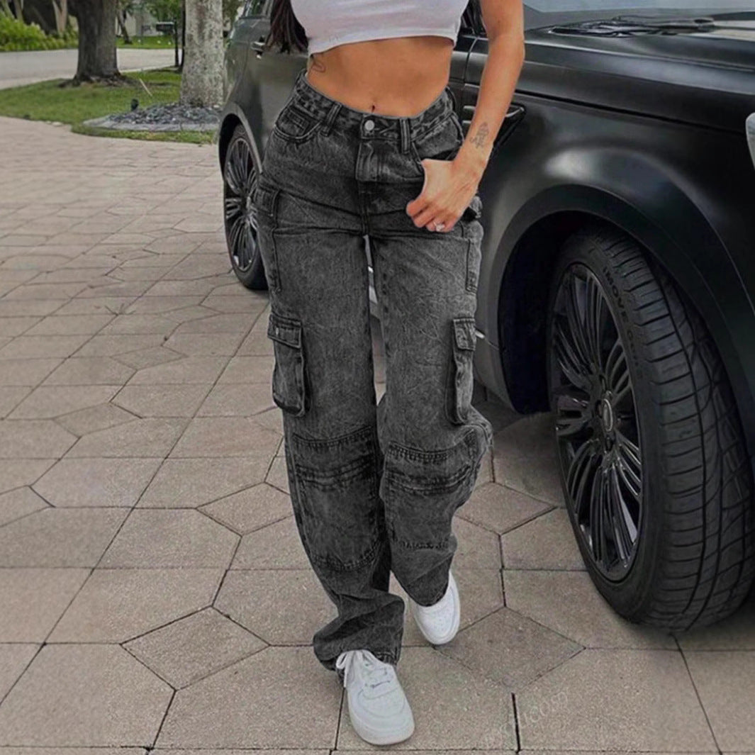 Women's Cargo Denim Pants with High Waist, Loose Baggy Cut and Functional Flap Pockets Mune Fashion
