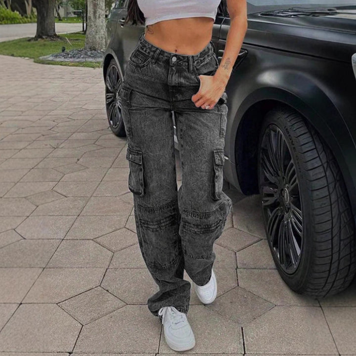 Women's Cargo Denim Pants with High Waist, Loose Baggy Cut and Functional Flap Pockets Mune Fashion