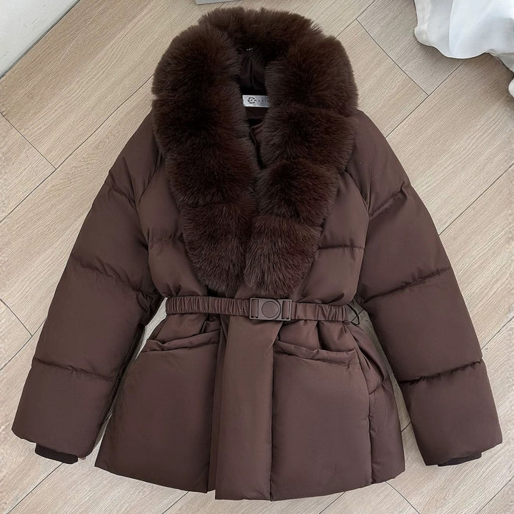 Women Tailored Short Quilted Jacket with voluminous Shawl Collar made of Faux Fur and Decorative Belt Mune Fashion