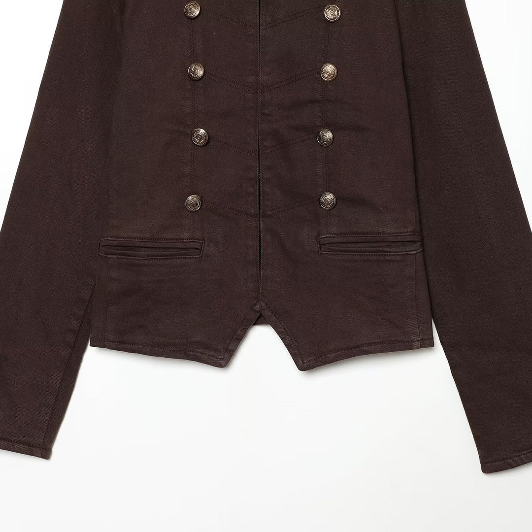 Women's Short Military Jacket in Double-Breasted Style with Stand-Up Collar and Epaulettes Mune Fashion