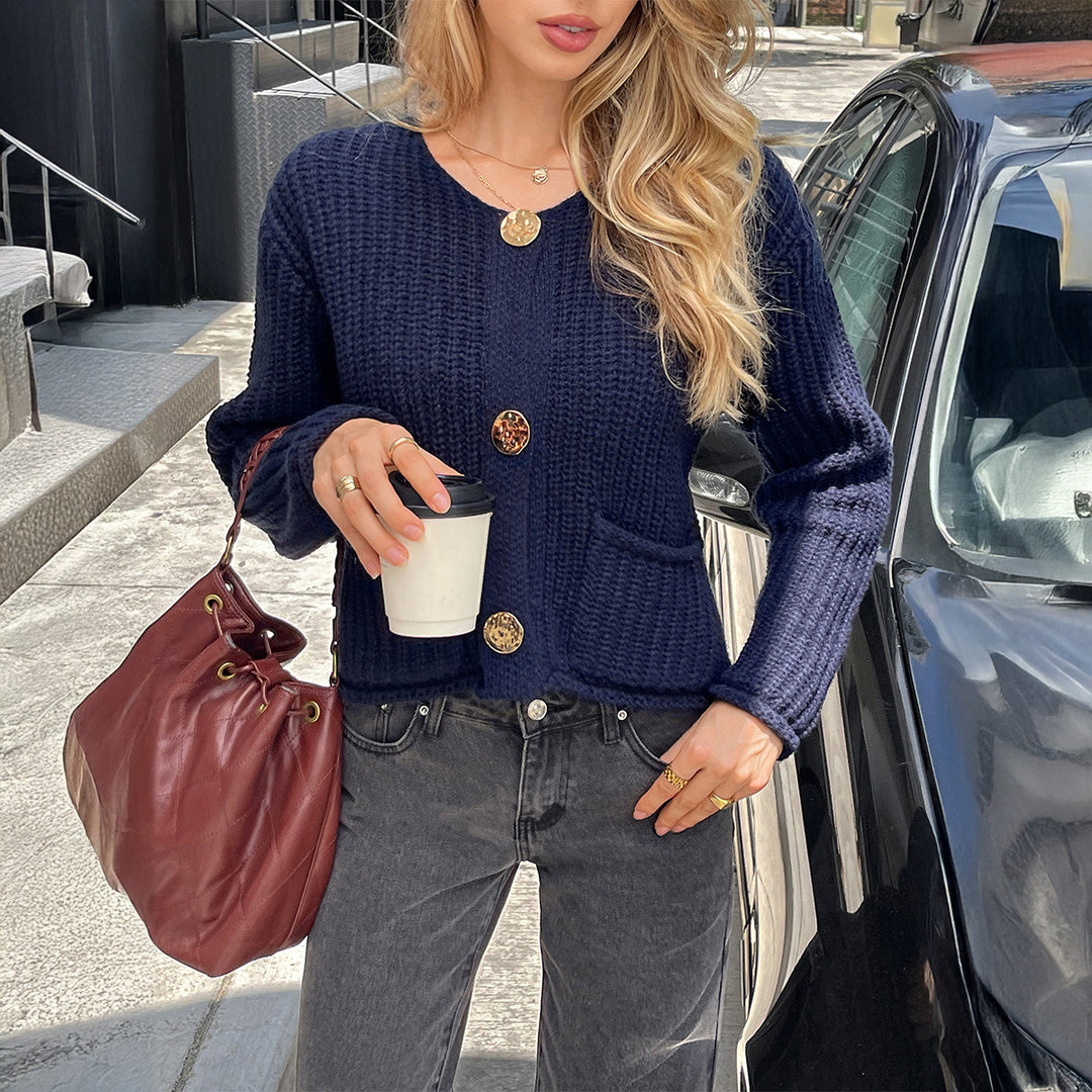 Women’s short-cut textured knit cardigan with large gold buttons and patch pockets Mune Fashion