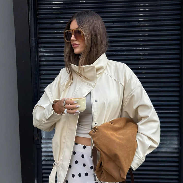 Women's Oversized Faux Leather Jacket with Stand Collar and Drawstring Mune Fashion