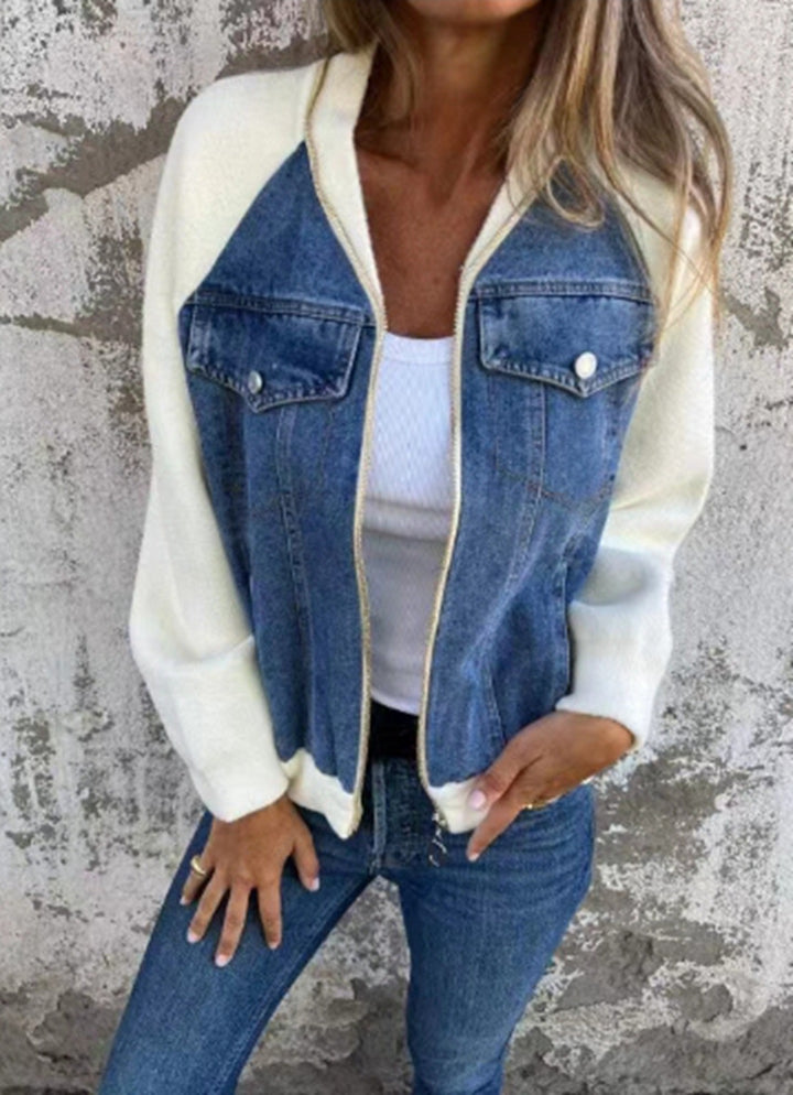 Women's Sweat-Jeans-Bomber Jacket with Raglan Sleeves, Breast Pockets, and Zipper Mune Fashion