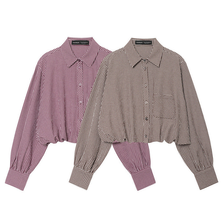 Women Checked Cropped Blouse with Elastic Hem Mune Fashion
