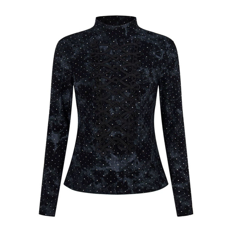 Women's long sleeve shirt with stand-up collar and decorative cord appliqué Mune Fashion