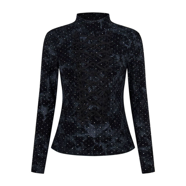 Women's long sleeve shirt with stand-up collar and decorative cord appliqué Mune Fashion