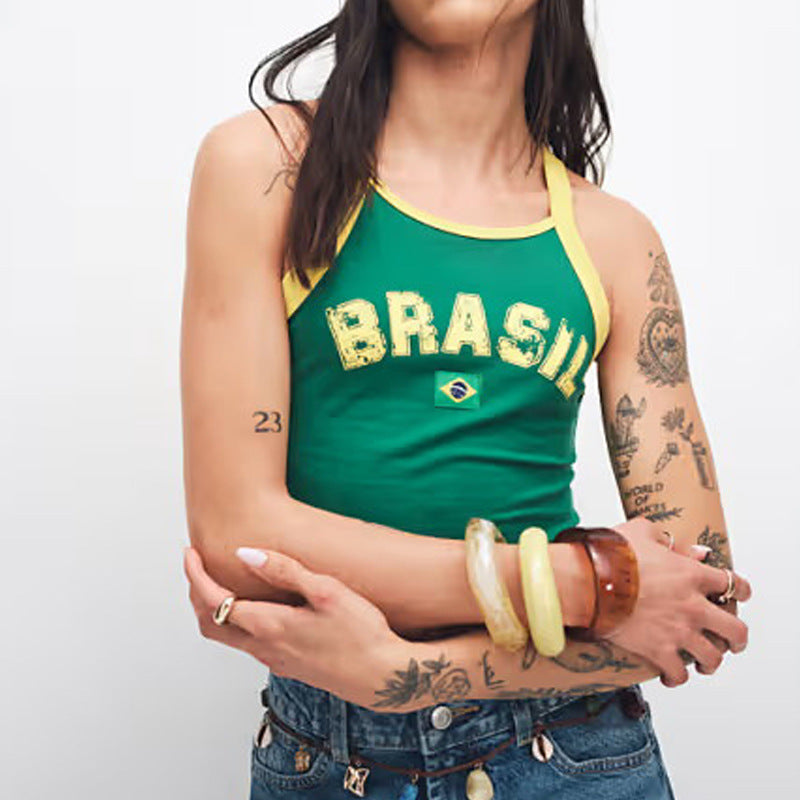 Women's sleeveless halter top with a fitted silhouette and embroidered Argentina lettering Mune Fashion