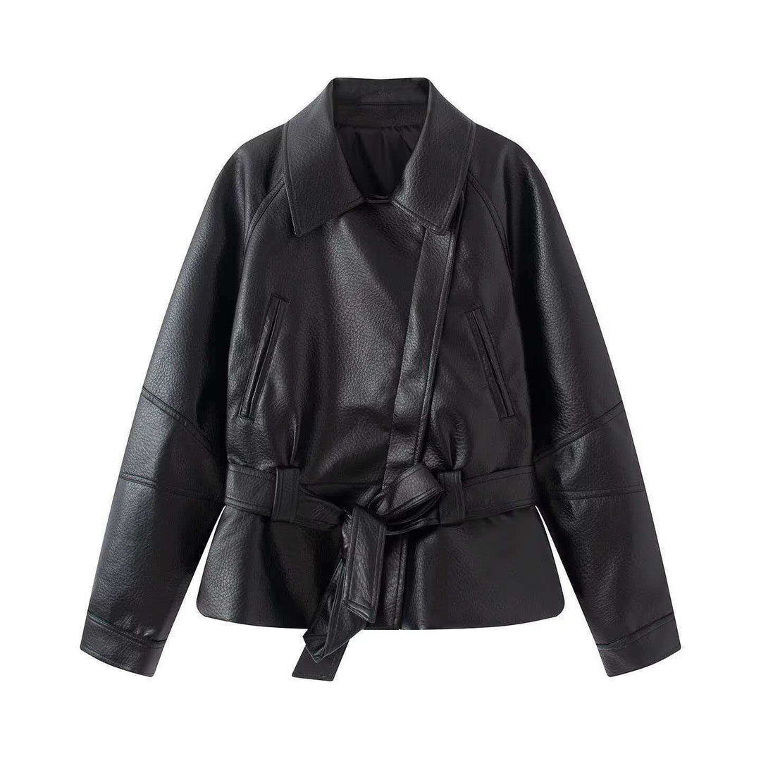 Women's short jacket made of faux leather with a belted waist and shirt collar Mune Fashion