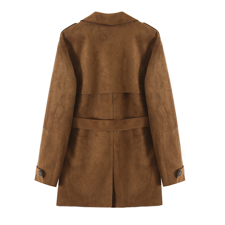 Women's short trench coat made of synthetic suede with a waist belt and double-button placket Mune Fashion