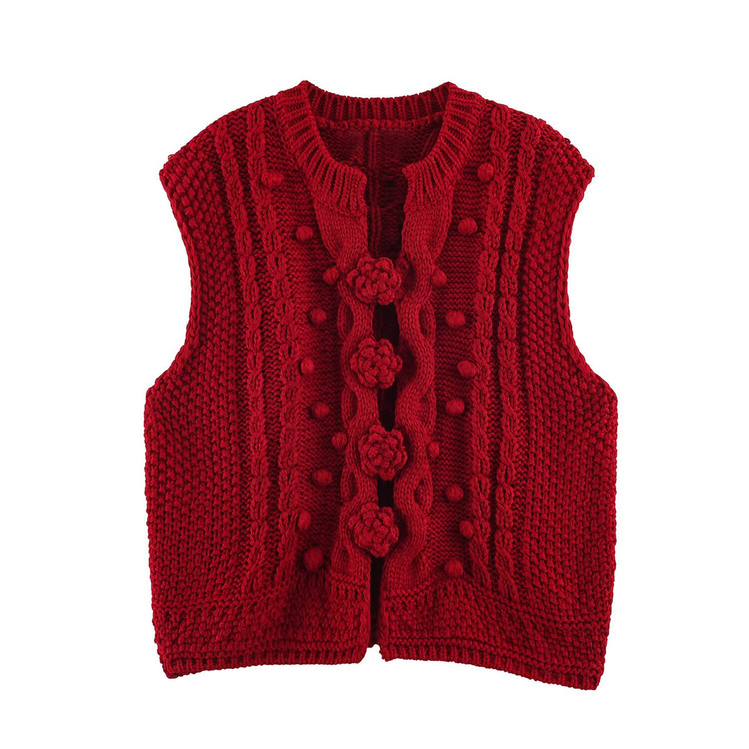 Women's knitted vest with cable pattern, flower appliqués and bobble texture Mune Fashion