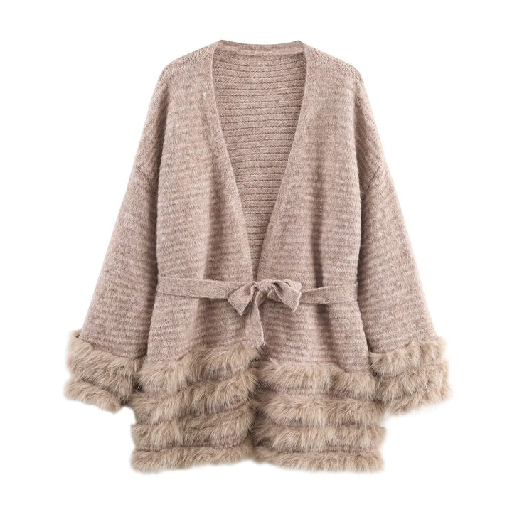 Women's Knit Cardigan with Tie Belt and Faux Fur Trim Mune Fashion