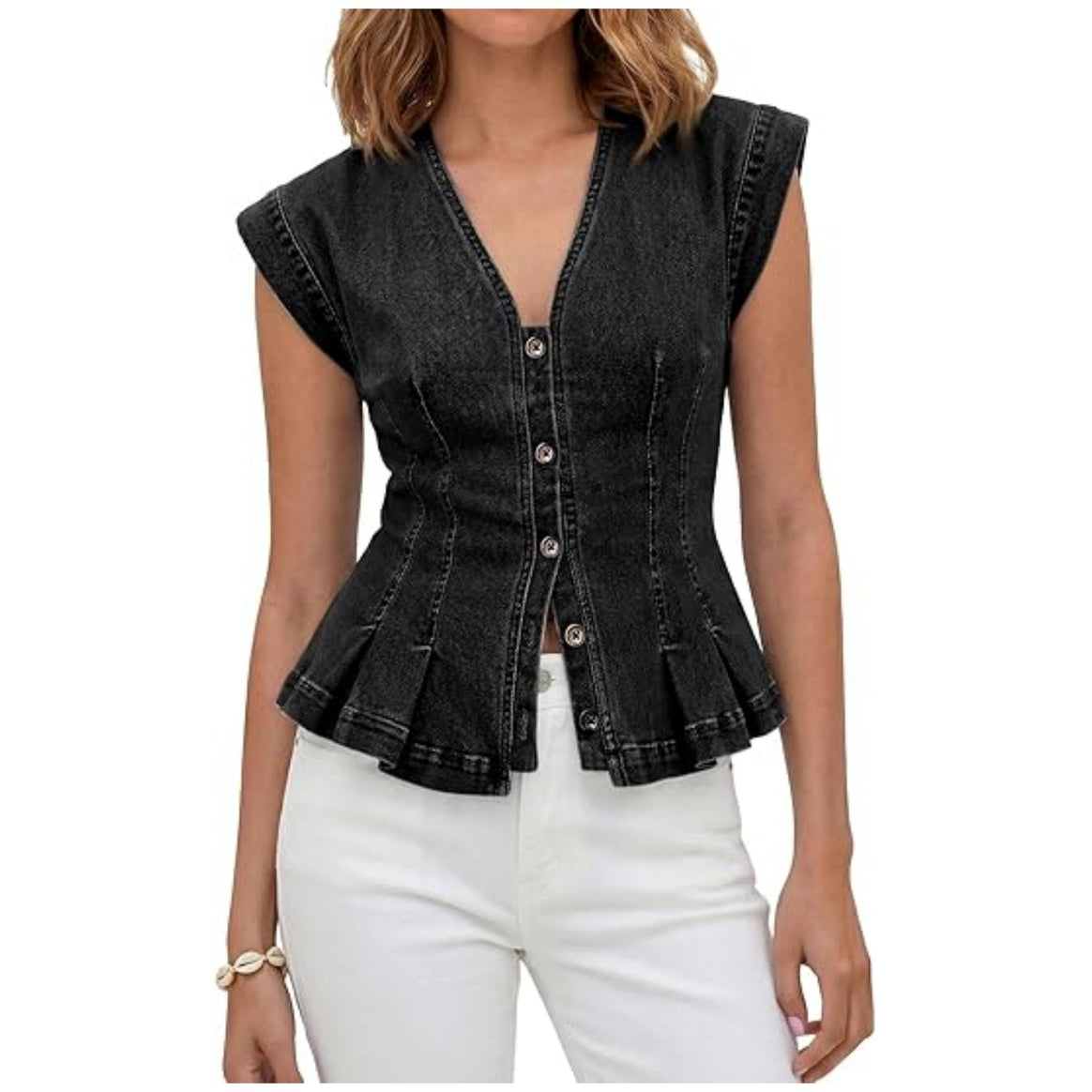 Women Tailored Jeans Top with Peplum and Button Placket Mune Fashion