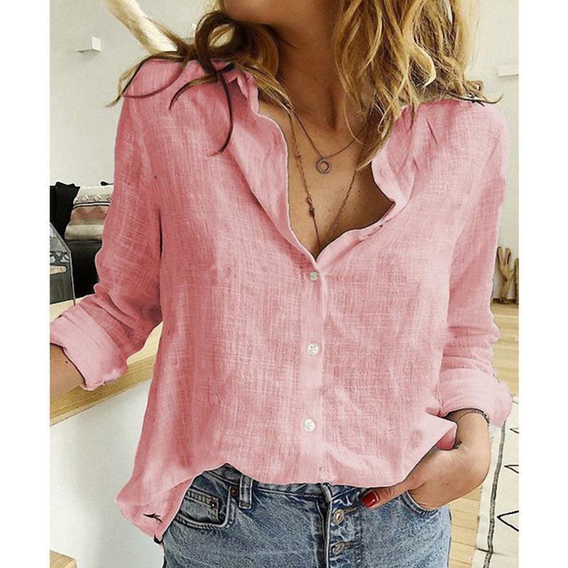 Women's breathable cotton-linen tunic blouse with Kent collar, buttoned V-neck and rounded hem Drune