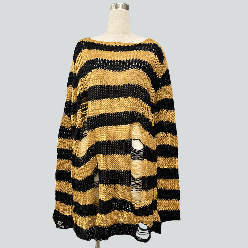 Women's oversized chunky knit sweater with wide block stripes and distressed design Mune Fashion