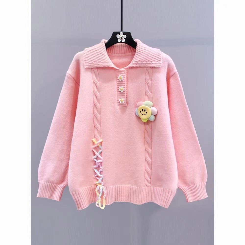 Women's Fashionable Sweater with Flower Applications and Cable Pattern Mune Fashion