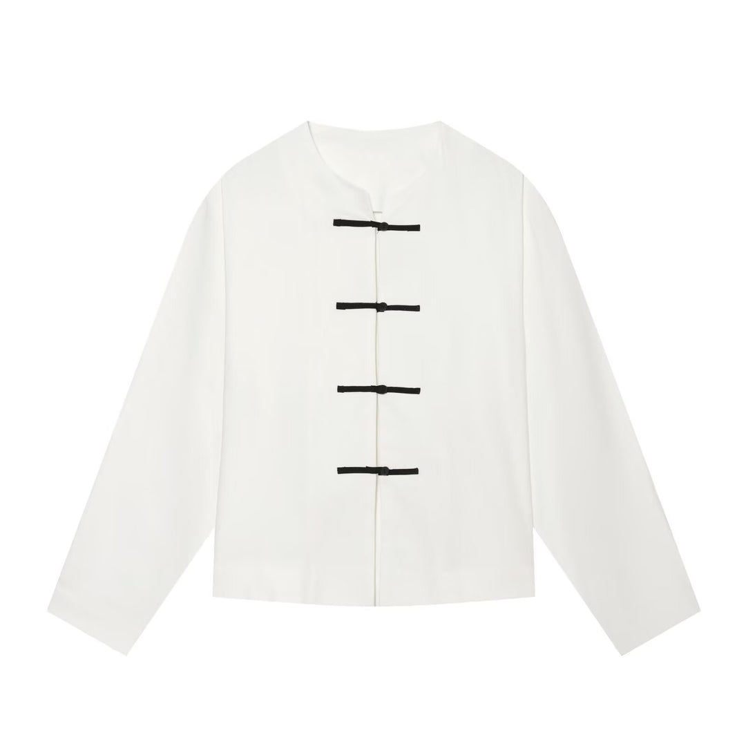 Women Boxy Jacket with Mandarin Collar and Decorative Knot Closures Mune Fashion