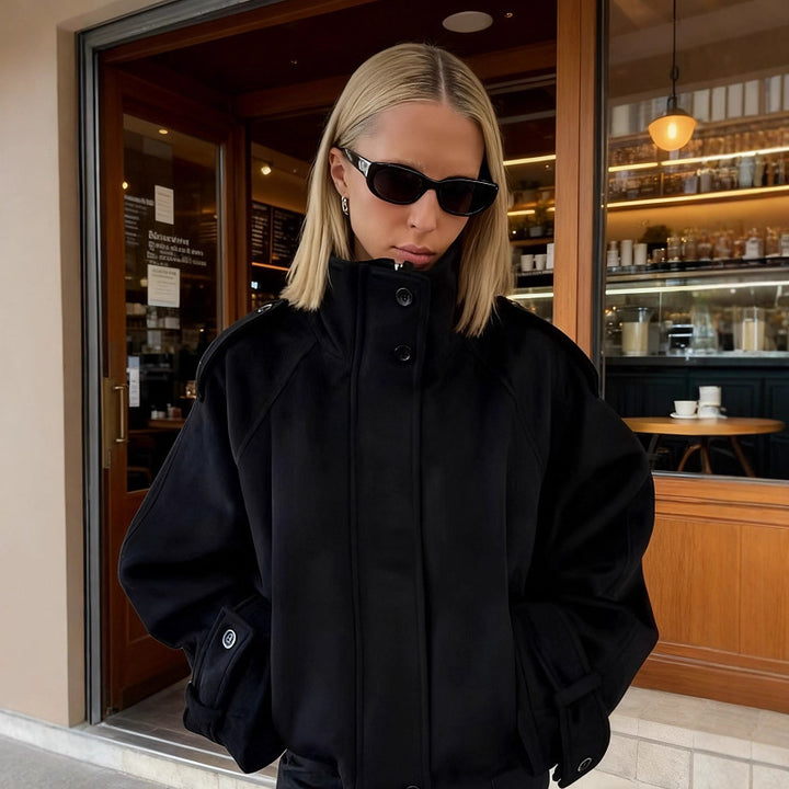 Women Short Wool Blend Jacket with Stand-Up Collar, Shoulder Flaps and Adjustable Cuffs Mune Fashion