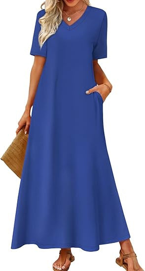 Women's Long A-Line Maxi Dress with V-Neck, Short Sleeves and Side Pockets Mune Fashion