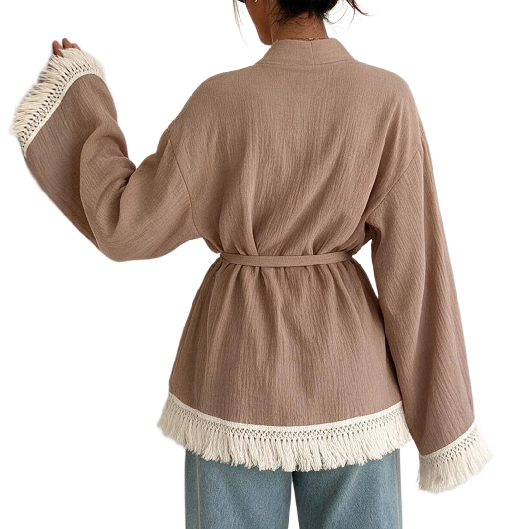 Women's Fringe Kimono Jacket in Linen Look with Waist Belt Mune Fashion