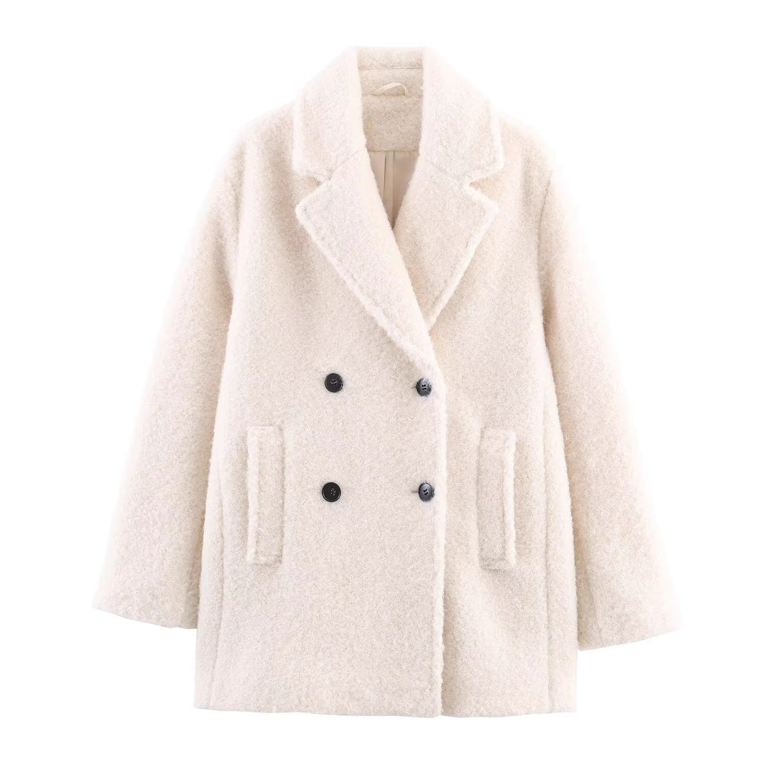 Ladies Double-Breasted Teddy Coat with Shawl Collar and Patch Pockets Mune Fashion