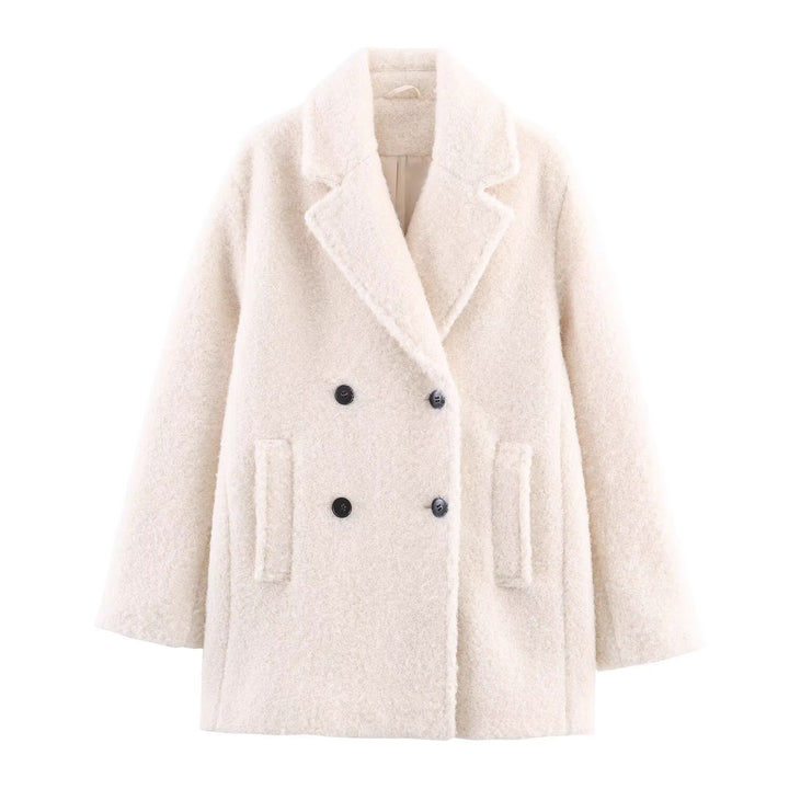 Ladies Double-Breasted Teddy Coat with Shawl Collar and Patch Pockets Mune Fashion