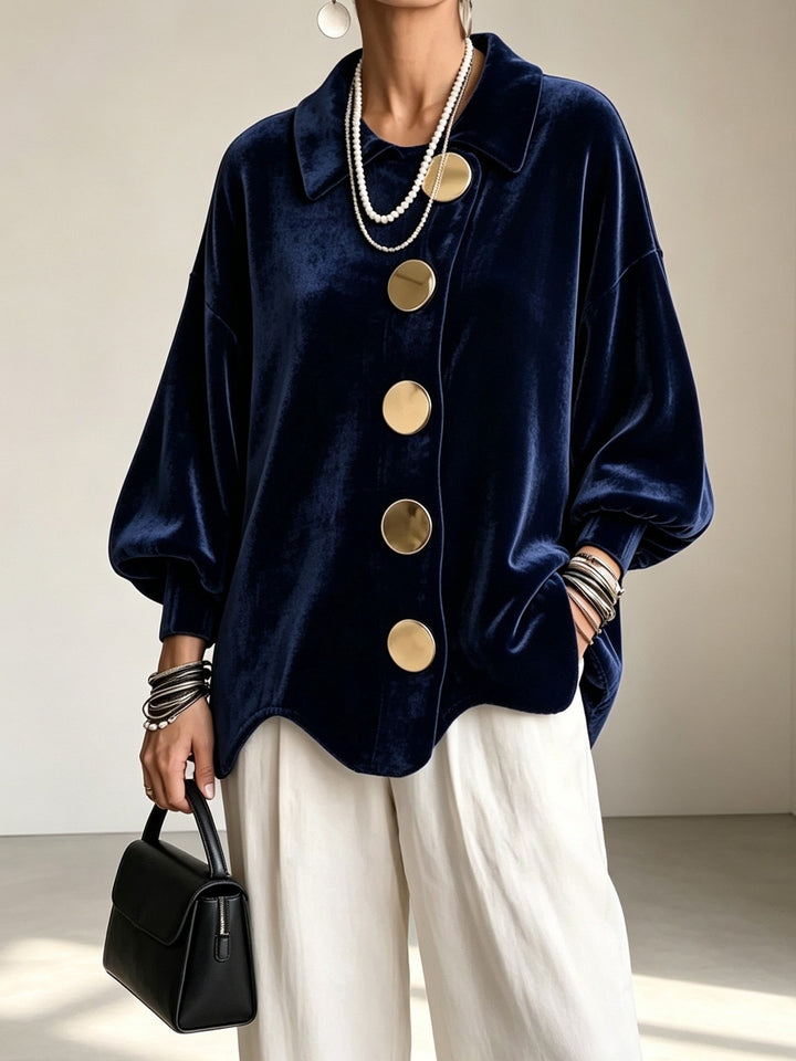 Women's Oversized Velvet Jacket with Large Decorative Buttons and Balloon Sleeves Mune Fashion