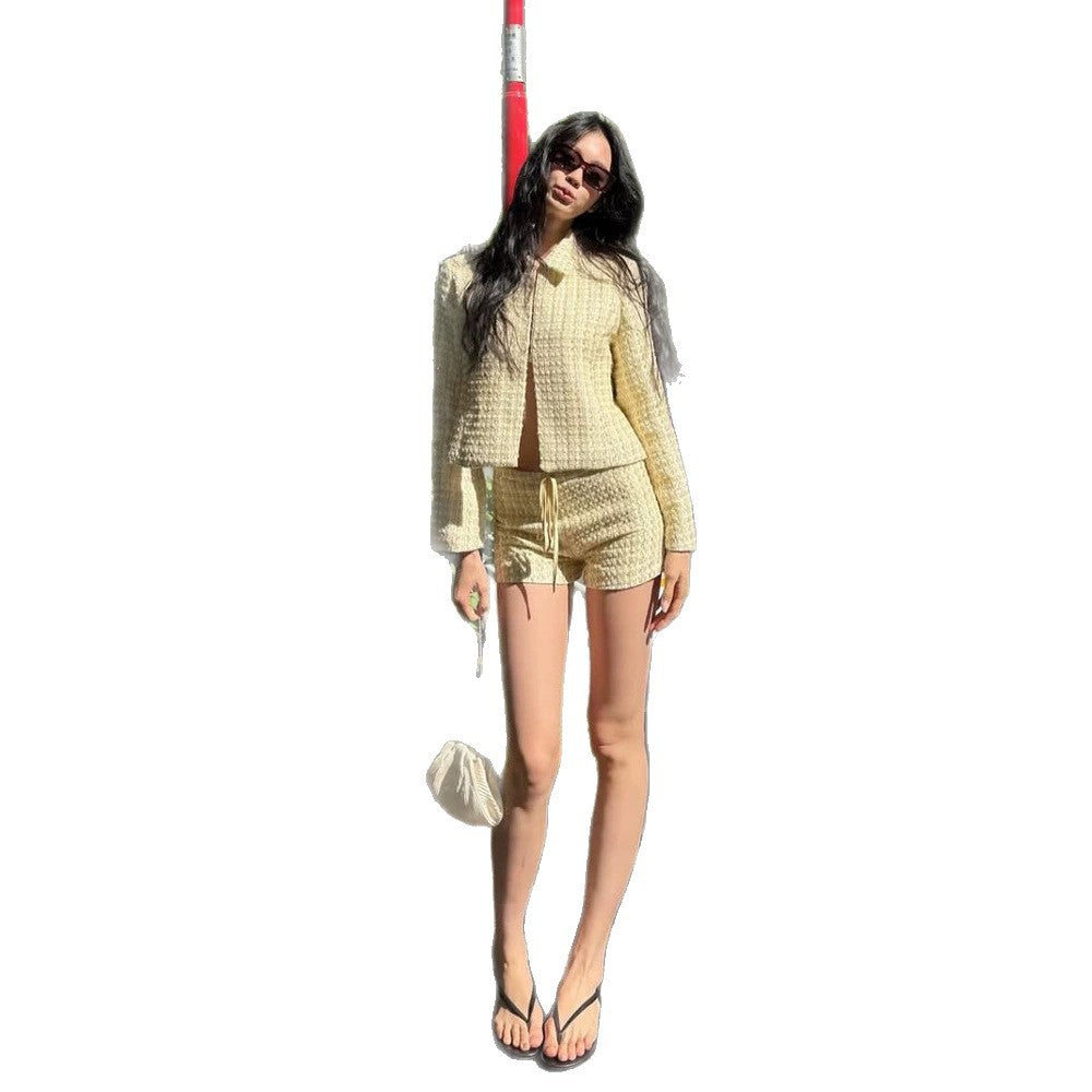 Women Two-Piece Boucle Set with Short Jacket and Drawstring Shorts Mune Fashion