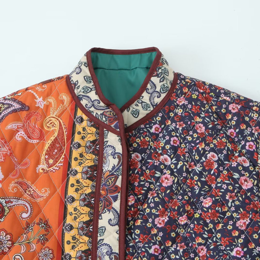 Women nan quilted patchwork jacket with paisley and floral print, round neckline and patch flap pockets Mune Fashion