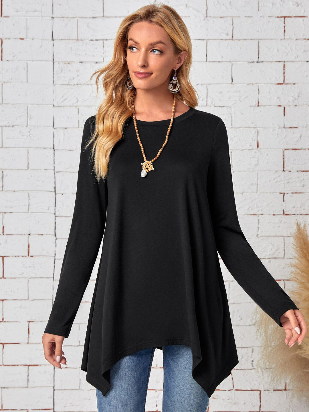 Women's Long A-Line Tunic Top with Round Neck and Asymmetrical Hem Drune