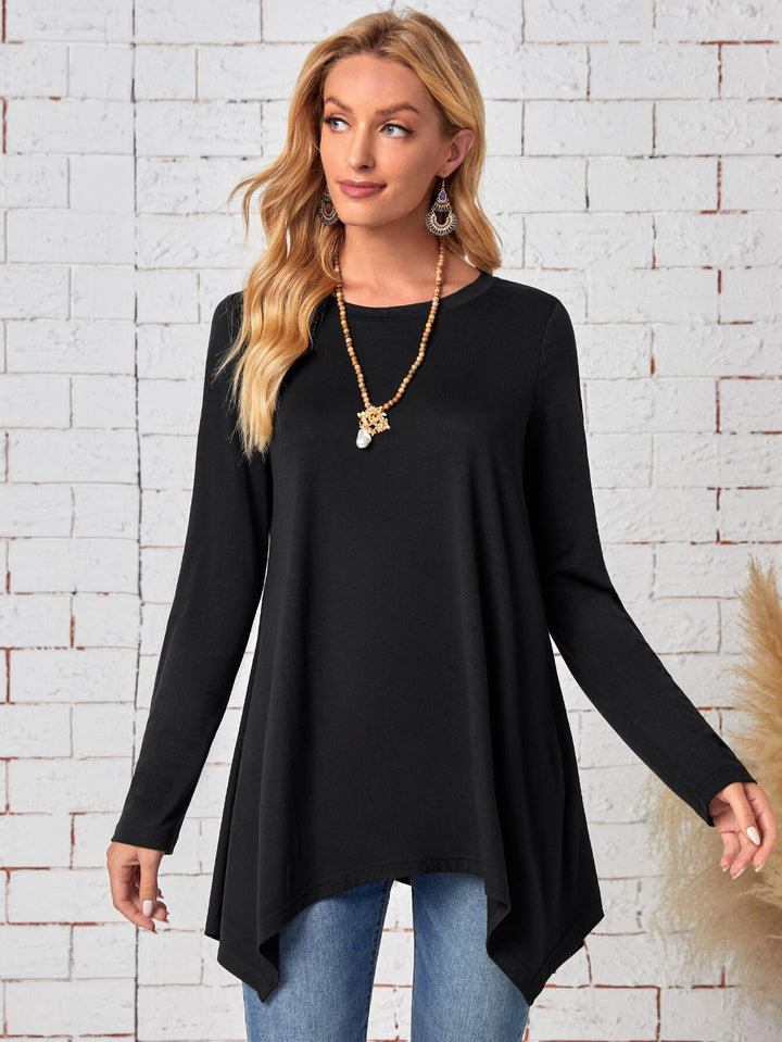 Women's Long A-Line Tunic Top with Round Neck and Asymmetrical Hem Drune