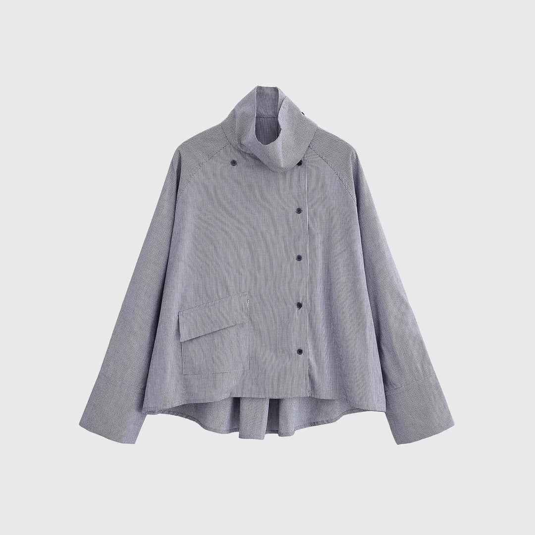 Women lightweight oversized shirt jacket with high funnel collar and asymmetrical button placket Mune Fashion