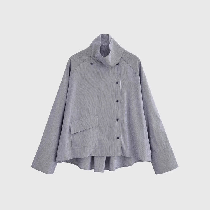 Women lightweight oversized shirt jacket with high funnel collar and asymmetrical button placket Mune Fashion