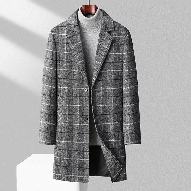 Men's Checked Wool Blend Short Coat with Slim Silhouette and Notched Lapel Mune Fashion