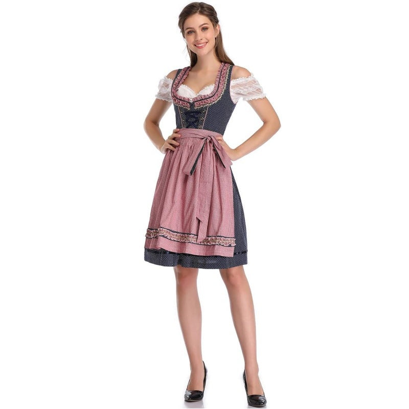 Ladies traditional dirndl dress with heart-shaped neckline, corset-like lacing, and checkered apron skirt Mune Fashion
