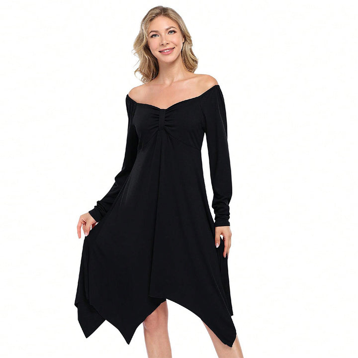 Women’s asymmetrical long sleeve dress with gathered bustier, empire seam, and pointed hem Mune Fashion