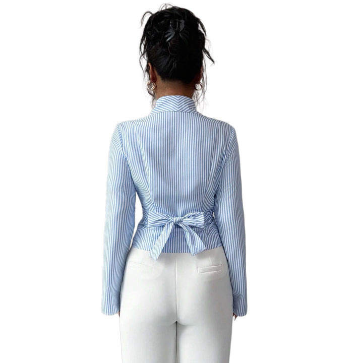 Women's Striped Wrap Blouse with Shawl Collar and Tailored Silhouette Mune Fashion
