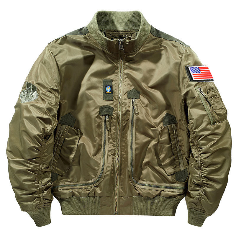 Men's urban bomber jacket in pilot style with multiple zipper and Velcro pockets.