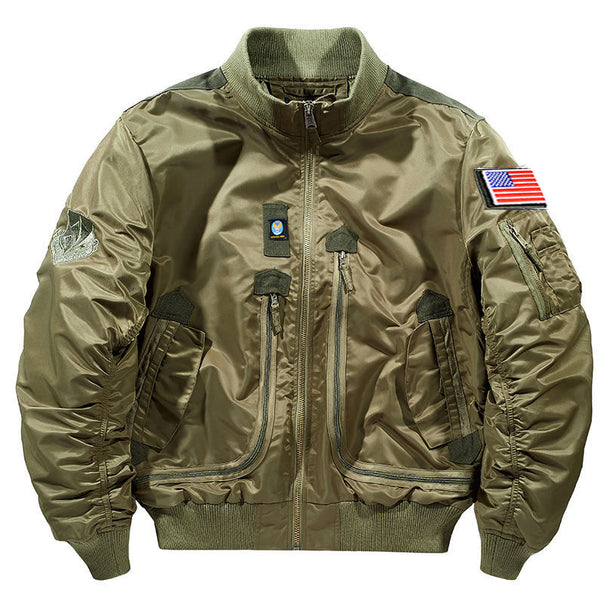 Men's urban bomber jacket in pilot style with multiple zipper and Velcro pockets.