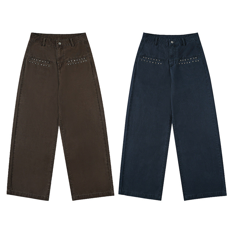 Women Extra Wide High-Waist Cotton Twill Trousers with Stud Trim and Palazzo Cut Mune Fashion