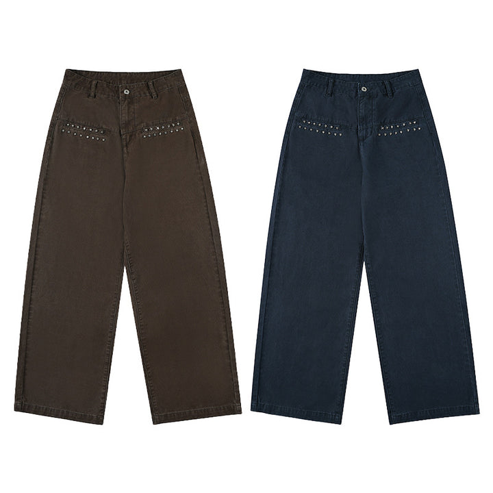 Women Extra Wide High-Waist Cotton Twill Trousers with Stud Trim and Palazzo Cut Mune Fashion