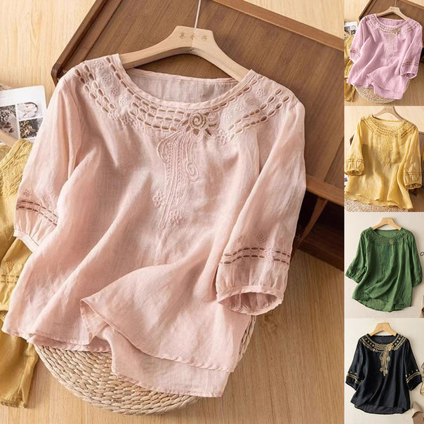 Women's Embroidered Linen Look Blouse with Round Neckline and Three-Quarter Sleeves Mune Fashion