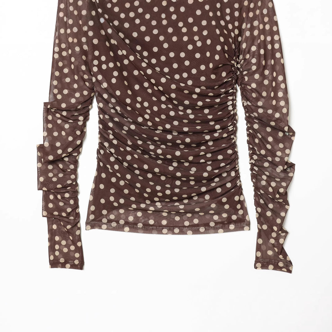 Women's gathered long sleeve mesh top with roll neck and polka dot print Mune Fashion