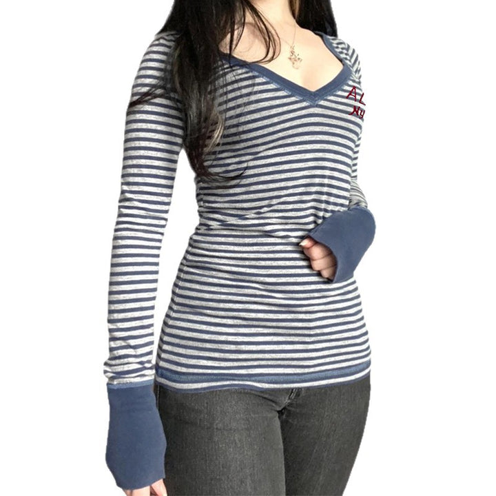 Women's striped V-neck long sleeve with tailored silhouette and extended cuffs Mune Fashion