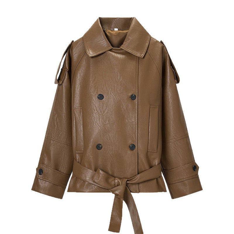 Women Cropped Faux Leather Trench Coat with Waist Belt, Double Breasted and Epaulettes Mune Fashion