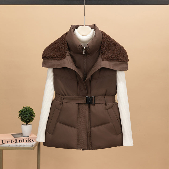 Women's non-padded quilted vest with knitted sleeves and teddy collar, tailored belt Mune Fashion