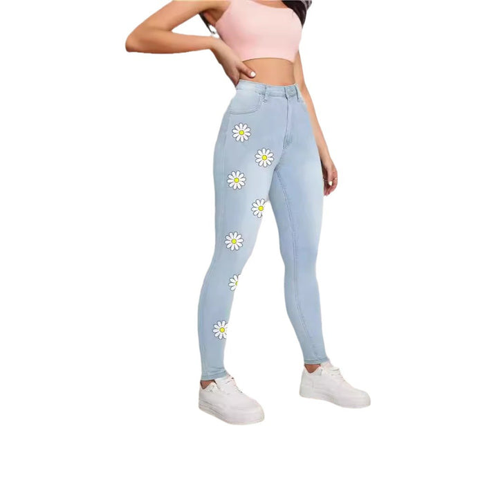 Women's High-Waist Skinny Jeans with printed Daisies and figure-shaping Stretch Mune Fashion