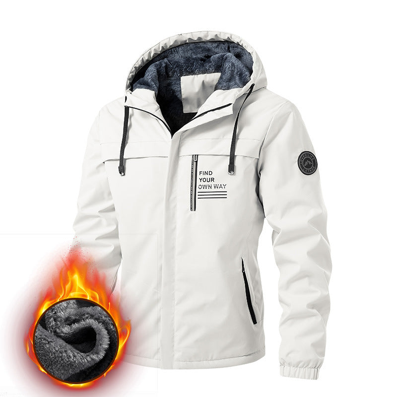 Men's Weatherproof Hooded Jacket with Warming Teddy Fleece Lining and Concealed Front Zipper Mune Fashion