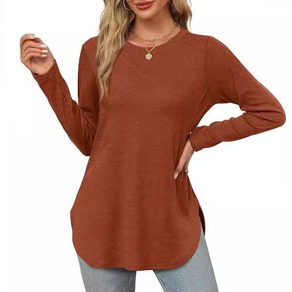Women's Casual Long Sleeve Tunic Top with Round Neck, Side Slits and Watercolor Leaf Print Mune Fashion